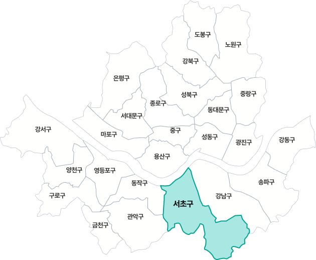 서초구가 활성화된 서울시 지도