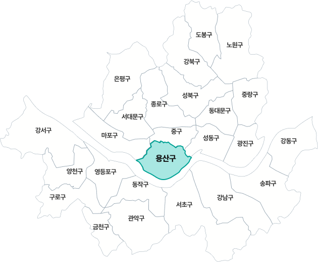 용산구가 활성화된 서울시 지도